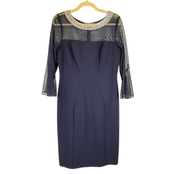 Alex Evenings Embellished Illusion Neckline Sheath Dress Navy Retail $199 Sz 8 - Picture 1 of 16